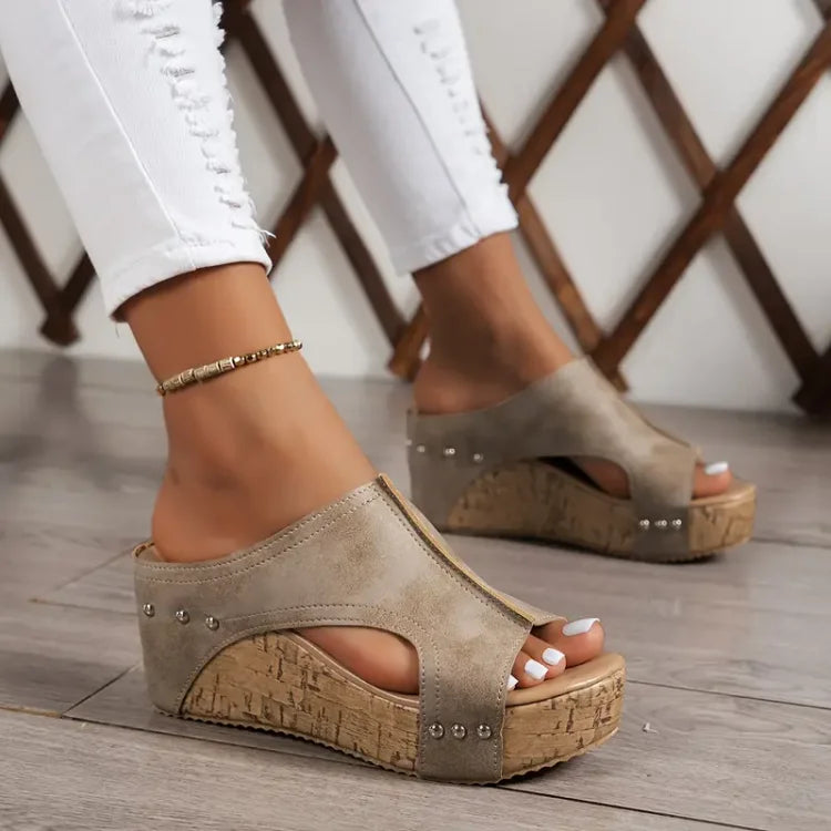 Lena | Chic Open-Toe Wedge Mules with Side Cutout and Stud Detail