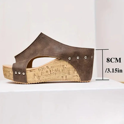 Lena | Chic Open-Toe Wedge Mules with Side Cutout and Stud Detail