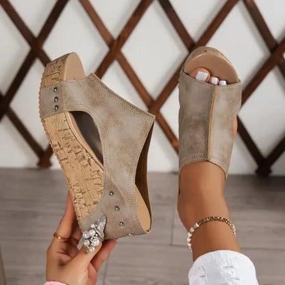 Lena | Chic Open-Toe Wedge Mules with Side Cutout and Stud Detail