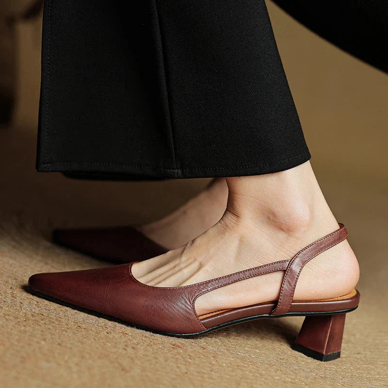 Lila | Pointed Toe Flared Block Heel Pumps with Twin Slingback Straps