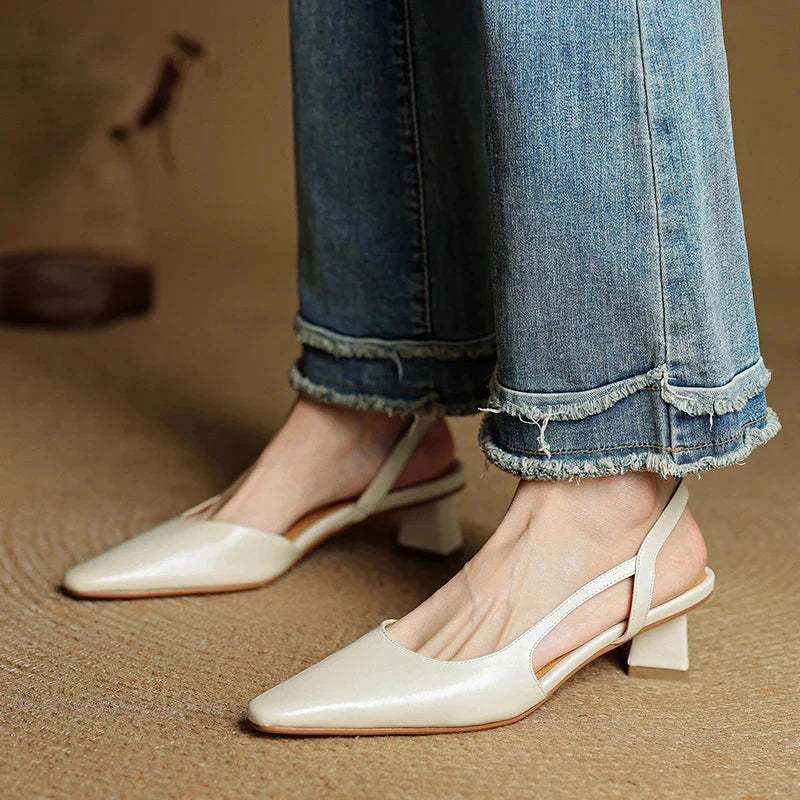 Lila | Pointed Toe Flared Block Heel Pumps with Twin Slingback Straps