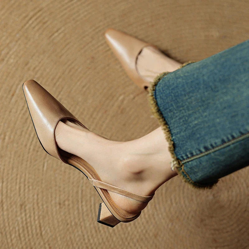 Lila | Pointed Toe Flared Block Heel Pumps with Twin Slingback Straps