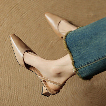 Lila | Pointed Toe Flared Block Heel Pumps with Twin Slingback Straps