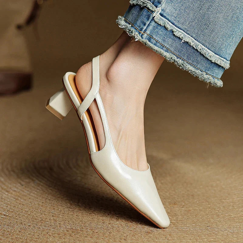 Lila | Pointed Toe Flared Block Heel Pumps with Twin Slingback Straps