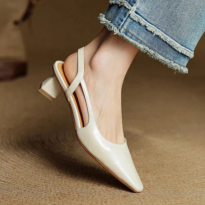 Lila | Pointed Toe Flared Block Heel Pumps with Twin Slingback Straps