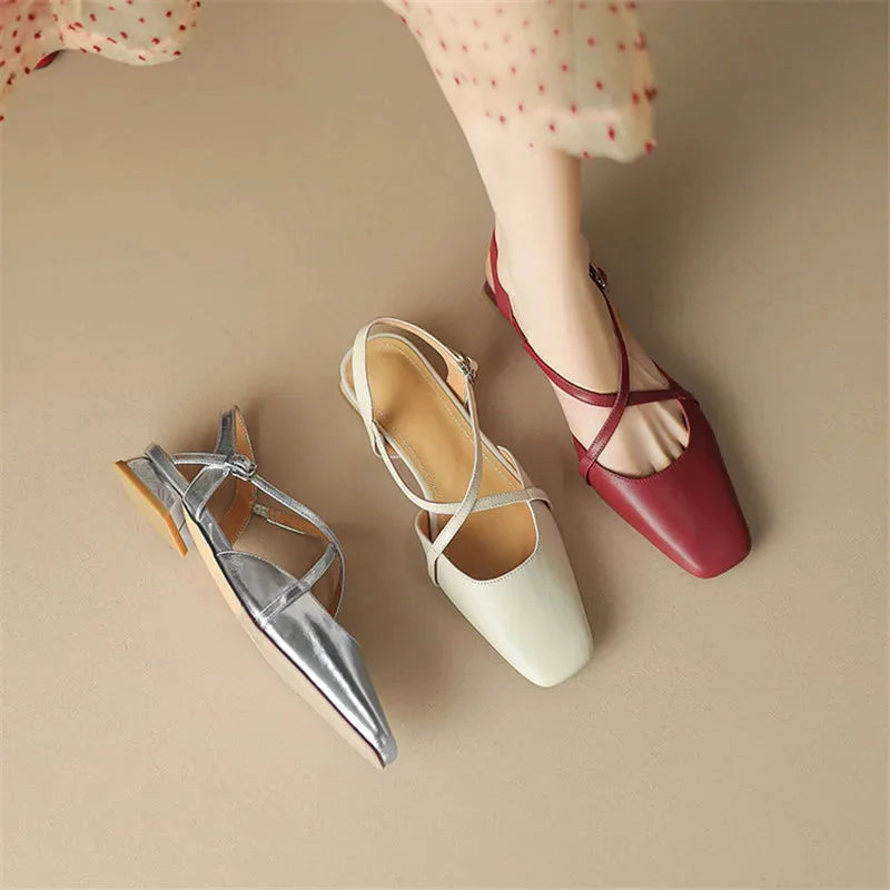Elena | Cross-Strap Low Block Heel Flats
