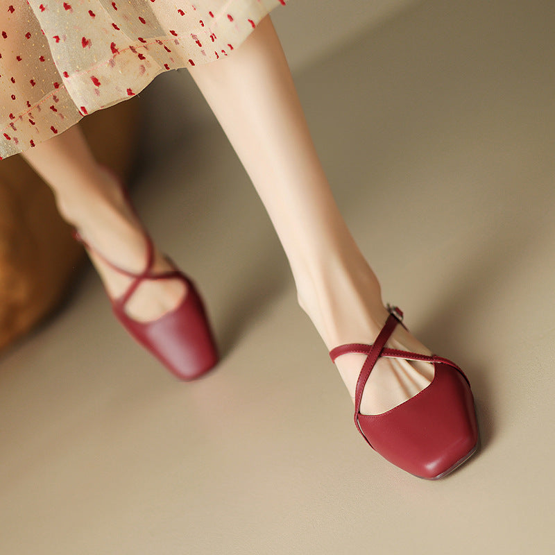 Elena | Cross-Strap Low Block Heel Flats