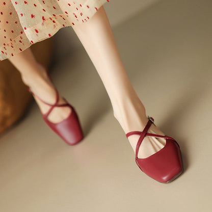 Elena | Cross-Strap Low Block Heel Flats
