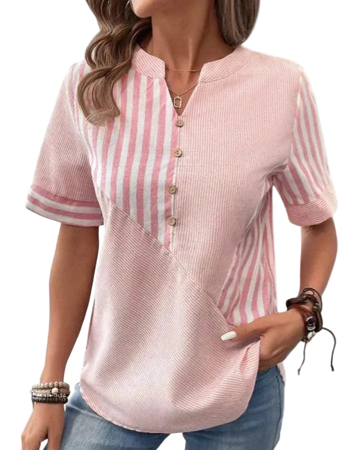 Lena | Chic Short Sleeve Button Blouse with Split Neck