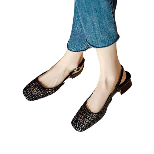 Lila | Woven Square Toe Block Heel Pumps