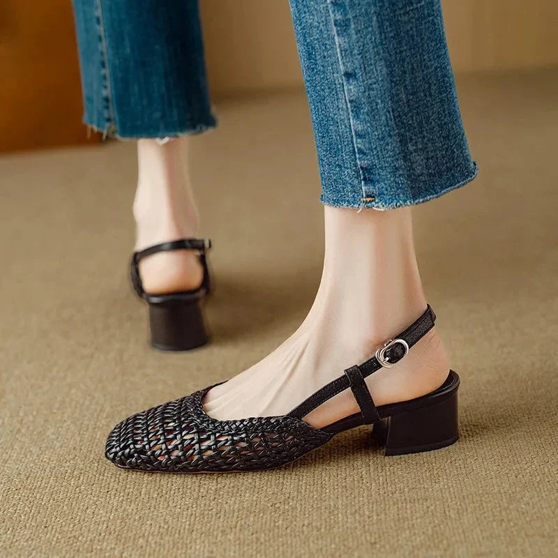 Lila | Woven Square Toe Block Heel Pumps