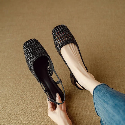 Lila | Woven Square Toe Block Heel Pumps