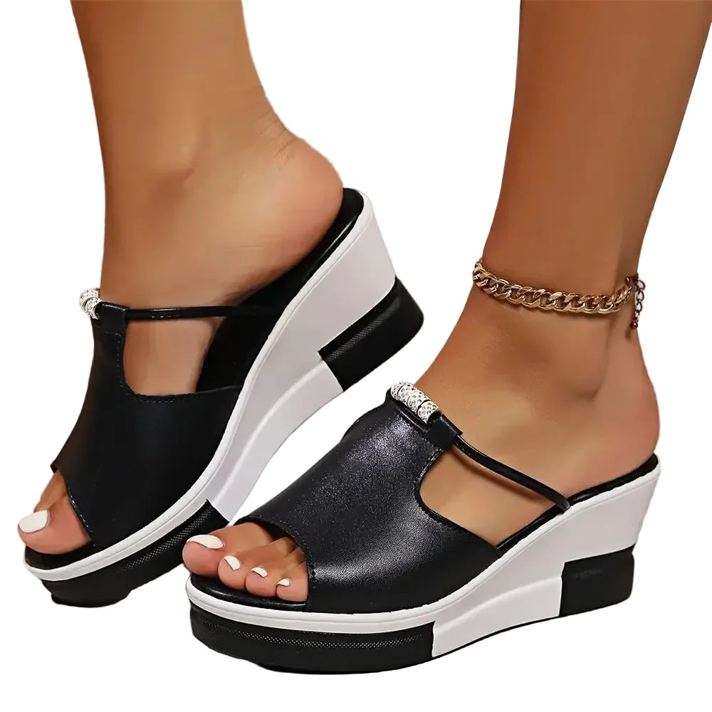 Luna | Rhinestone-Embellished T-Bar Wedge Sandals