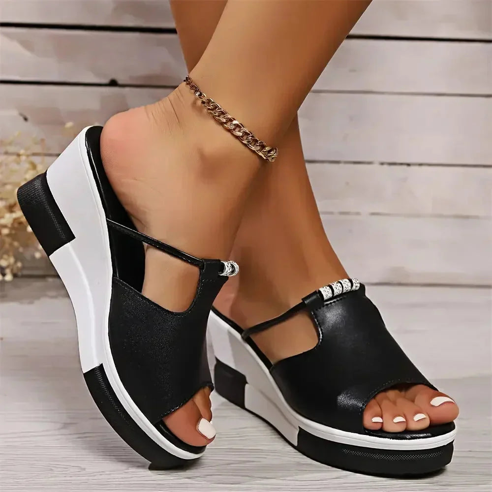 Luna | Rhinestone-Embellished T-Bar Wedge Sandals