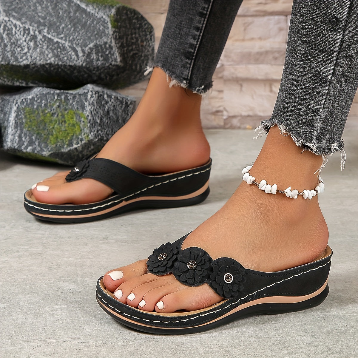 Elena | Floral Appliqué Wedge Sandals