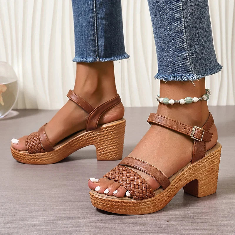 Lila | Woven Block Heel Sandals with Ankle Strap
