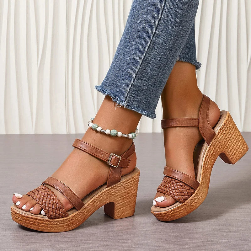 Lila | Woven Block Heel Sandals with Ankle Strap
