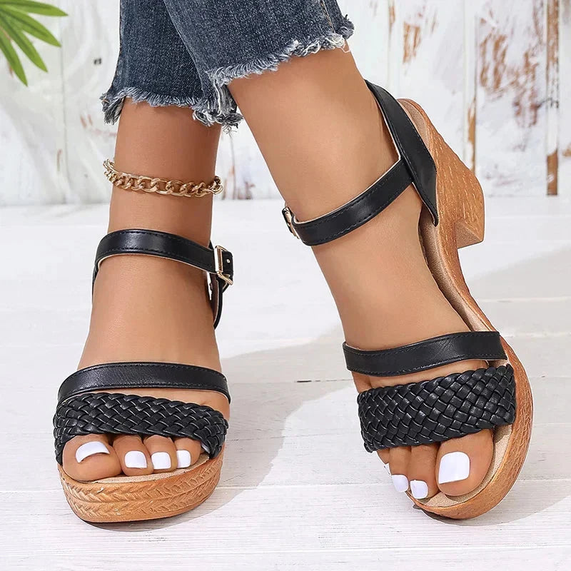 Lila | Woven Block Heel Sandals with Ankle Strap