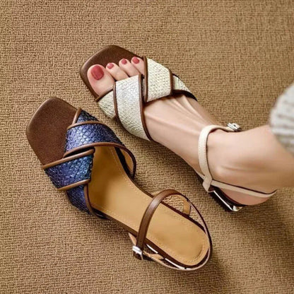 Lila | Woven Crossover Strap Low Block Heel Sandals