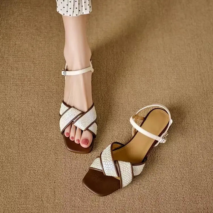 Lila | Woven Crossover Strap Low Block Heel Sandals