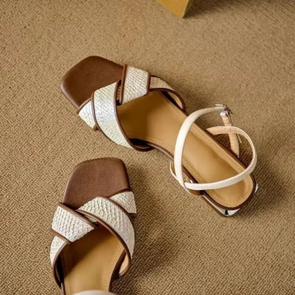 Lila | Woven Crossover Strap Low Block Heel Sandals